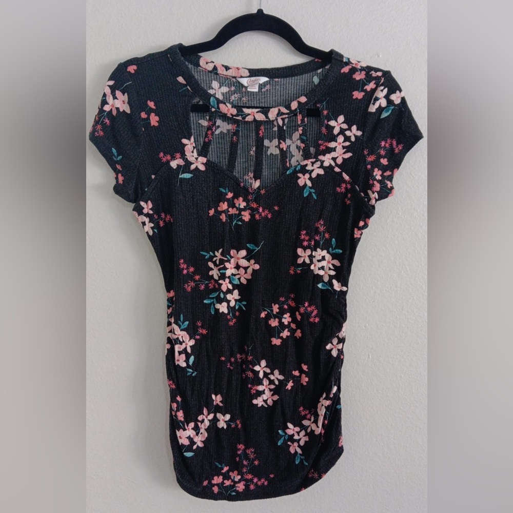 Floral Black Dress with Pink and Blue Accents